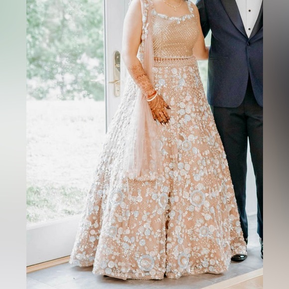 Nude Champagne Bridal Reception Lehenga 3DPearl/Beadwork - Picture 2 of 4
